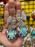 Aretes de corazon Bordados, aretes Tradicionales Mexicanos, Aretes bordados A mano, Artesanía Mexicana, Aretes San Antonino