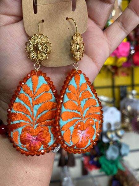 Aretes de gota Bordados, aretes Tradicionales Mexicanos, Aretes bordados A mano, Artesanía Mexicana, Aretes San Antonino