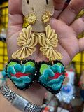 Aretes de corazon Bordados, aretes Tradicionales Mexicanos, Aretes bordados A mano, Artesanía Mexicana, Aretes San Antonino