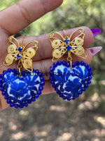 Aretes de corazon Bordados, aretes Tradicionales Mexicanos, Aretes bordados A mano, Artesanía Mexicana, Aretes San Antonino