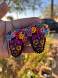 Dalia/Aretes Bordados, aretes de calavera, Dia de muertos, aretes Tradicionales Mexicanos, Aretes bordados A mano, Artesanía Mexicana