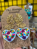 Aretes de corazon Bordados, aretes Tradicionales Mexicanos, Aretes bordados A mano, Artesanía Mexicana, Aretes San Antonino