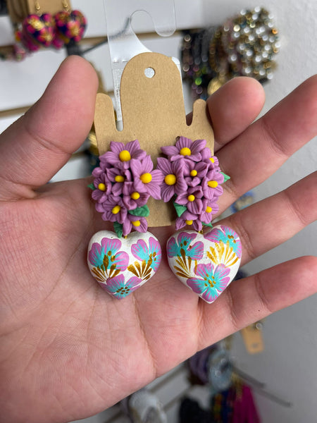 Lilac/ Aretes de copal, Aretes Tradicionales Mexicanos, Aretes pintados a mano, Artesanía Mexicana