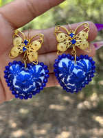 Aretes de corazon Bordados, aretes Tradicionales Mexicanos, Aretes bordados A mano, Artesanía Mexicana, Aretes San Antonino