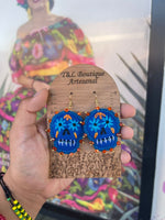 Blue/Aretes Bordados, aretes de calavera, Dia de muertos, aretes Tradicionales Mexicanos, Aretes bordados A mano, Artesanía Mexicana