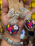 Aretes de corazon Bordados, aretes Tradicionales Mexicanos, Aretes bordados A mano, Artesanía Mexicana, Aretes San Antonino