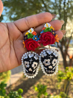 Karime/Aretes Bordados, aretes de calavera, Dia de muertos, aretes Tradicionales Mexicanos, Aretes bordados A mano, Artesanía Mexicana