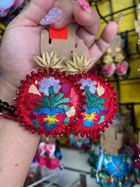 Aretes de circulos Bordados, aretes Tradicionales Mexicanos, Aretes bordados A mano, Artesanía Mexicana, Aretes San Antonino