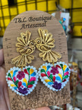 Aretes de corazon Bordados, aretes Tradicionales Mexicanos, Aretes bordados A mano, Artesanía Mexicana, Aretes San Antonino