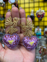 Aretes de corazon Bordados, aretes Tradicionales Mexicanos, Aretes bordados A mano, Artesanía Mexicana, Aretes San Antonino