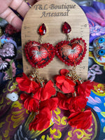 Aretes de corazon Bordados, aretes Tradicionales Mexicanos, Aretes bordados A mano, Artesanía Mexicana, Aretes San Antonino