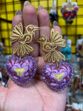 Aretes de corazon Bordados, aretes Tradicionales Mexicanos, Aretes bordados A mano, Artesanía Mexicana, Aretes San Antonino