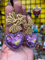 Aretes de corazon Bordados, aretes Tradicionales Mexicanos, Aretes bordados A mano, Artesanía Mexicana, Aretes San Antonino