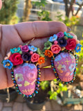 Kara/ Aretes Bordados, aretes de calavera, Dia de muertos, aretes Tradicionales Mexicanos, Aretes bordados A mano, Artesanía Mexicana